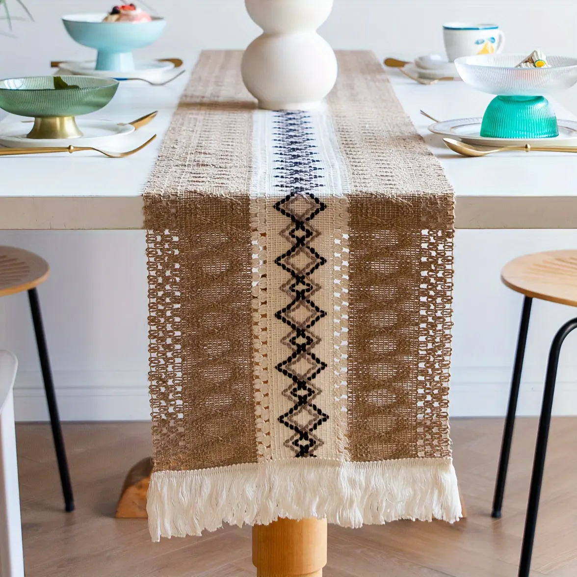 American Farmhouse Style Tassel Lace Linen Tablecloth Bohemian Crochet Nordic Farmhouse Party Decoration Long Table Runner Table Flag