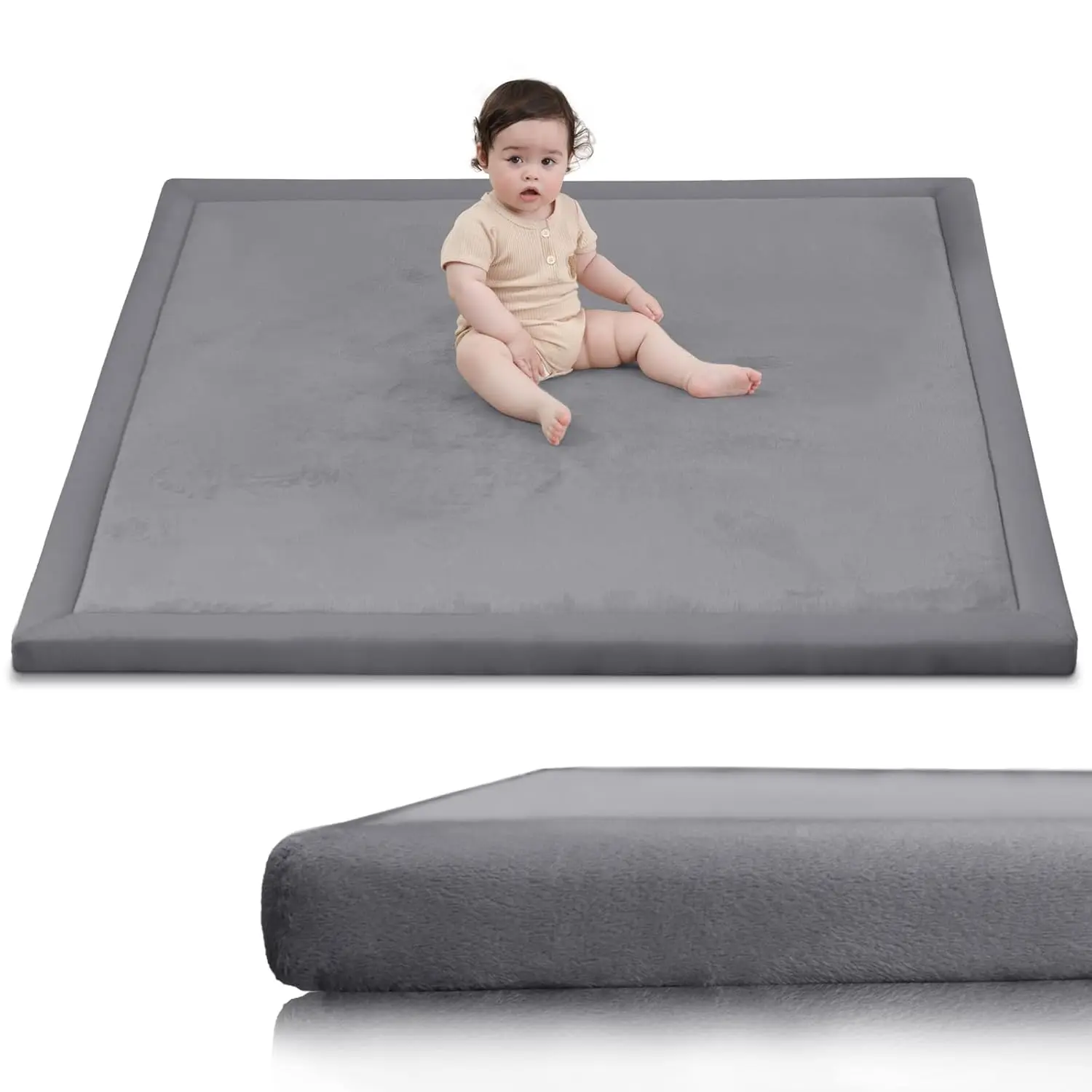 Ultra Soft Baby Tatami Look Floor Mat - 1.3" Thick Elasti-Foam 50x50 Playpen Mat, Non-Slip Backing, Safe for Infants' Crawling & Tummy Time (Dark Grey), Thick Foam