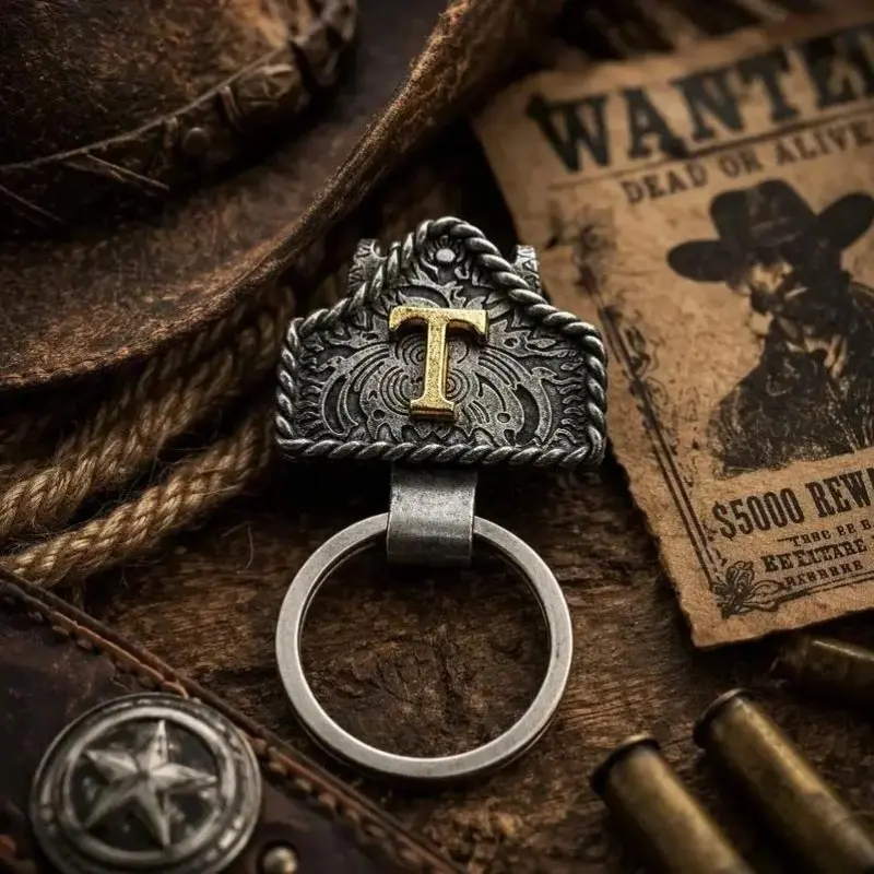 Custom Copper Initial Cow Tag Belt Keychain, Floral Texas‑Inspired Western Accessory for Men, Keychain for Car Keys, Birthday Father’s Day Gift for Boyfriend Dads