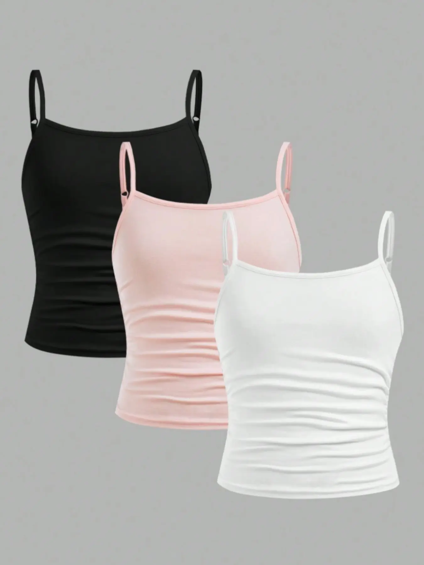 3-Pack Adjustable Spaghetti Strap Sleeveless Ruched Tank Tops for Girls, Fitted Basic Casual Vest, All-Season Wear, Machine & Dry Washable