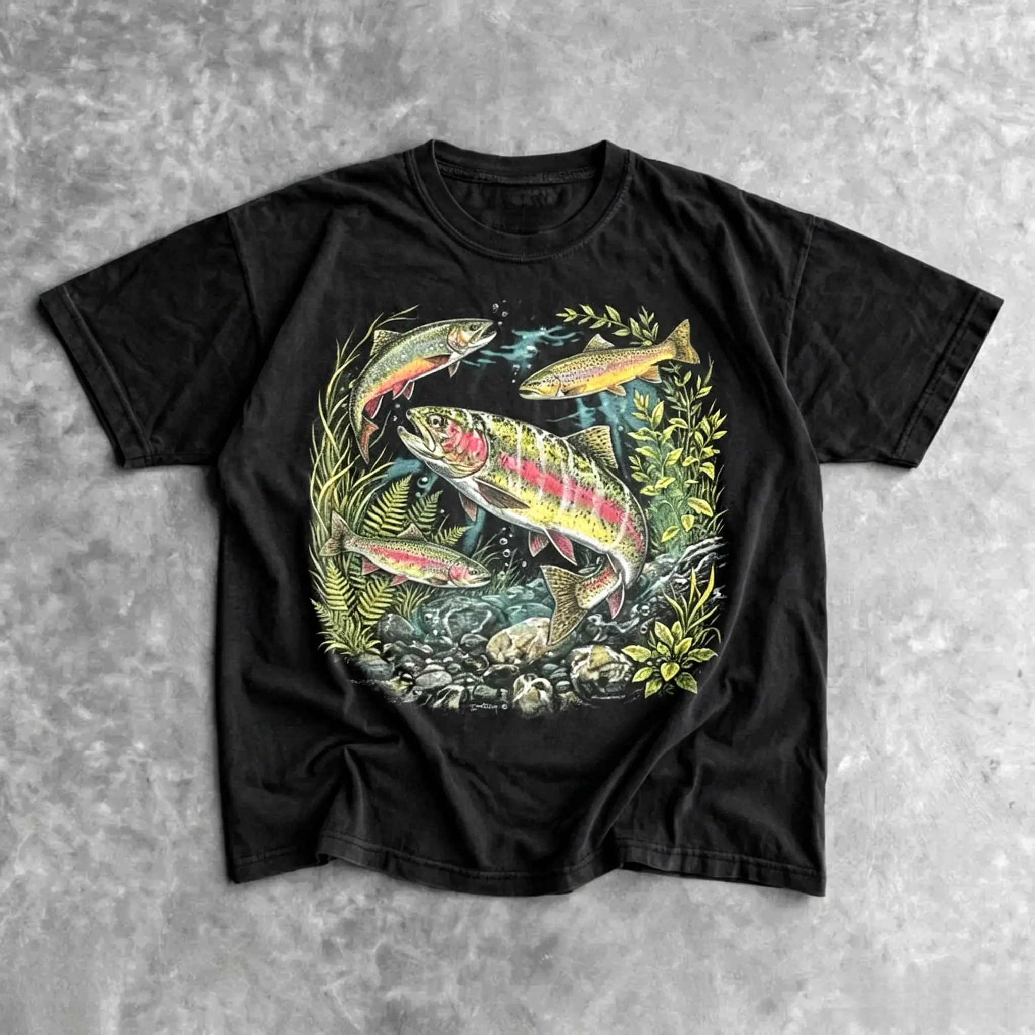 Vintage Trout Graphic T-Shirt, Personalized Cotton Tee with Relaxed Fit, Retro Shortsleeve Outdoor Adventure Top, Fabric, Oversized, Print, Soft, Streetwear, Casual, Round Neck, Breathable