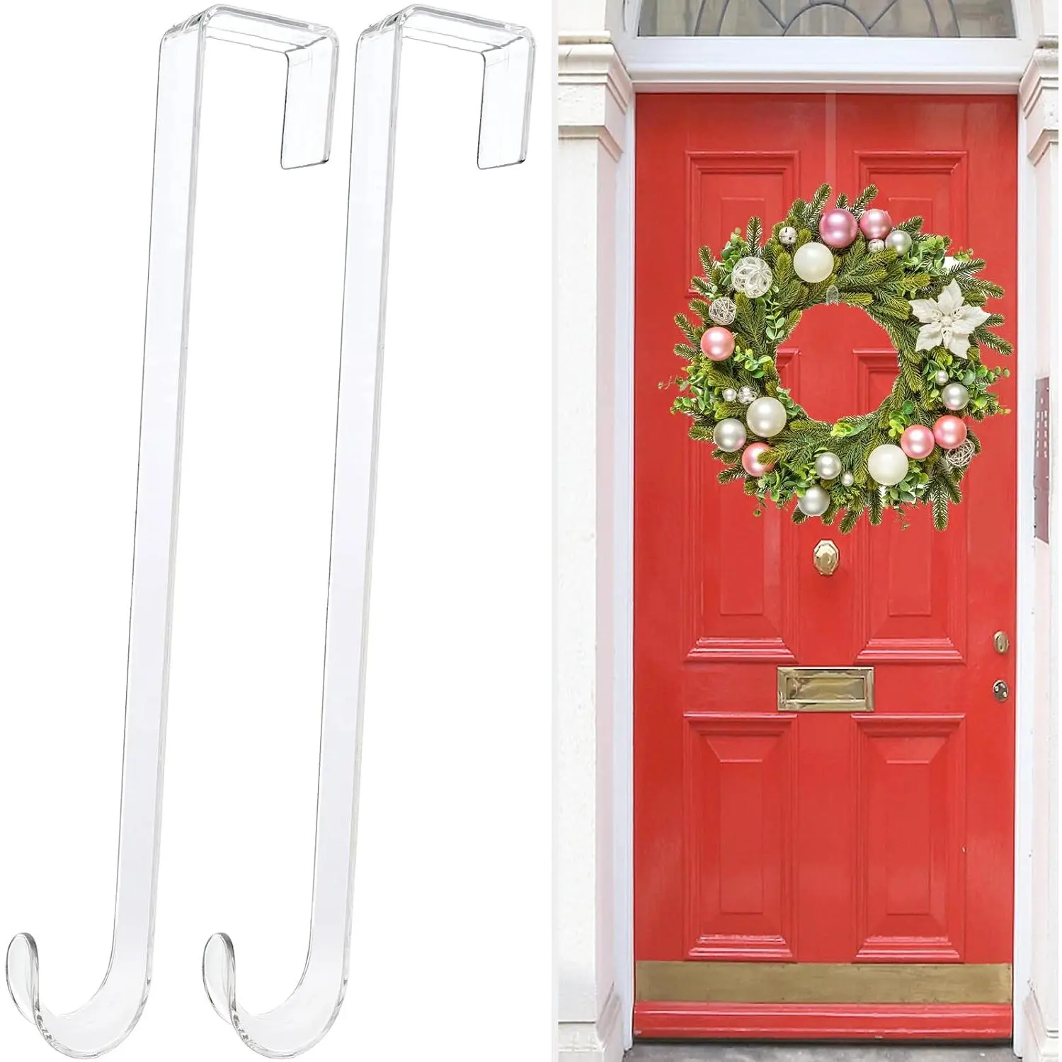Wreath Hangers for Front Door,12" Clear Wreath Door Hanger,2 Pack Wreath Hanger Non Scratch Over The Door Hooks Easter Christmas Decorations Indoor Outdoor,Welcome Sign for Front Door Decor