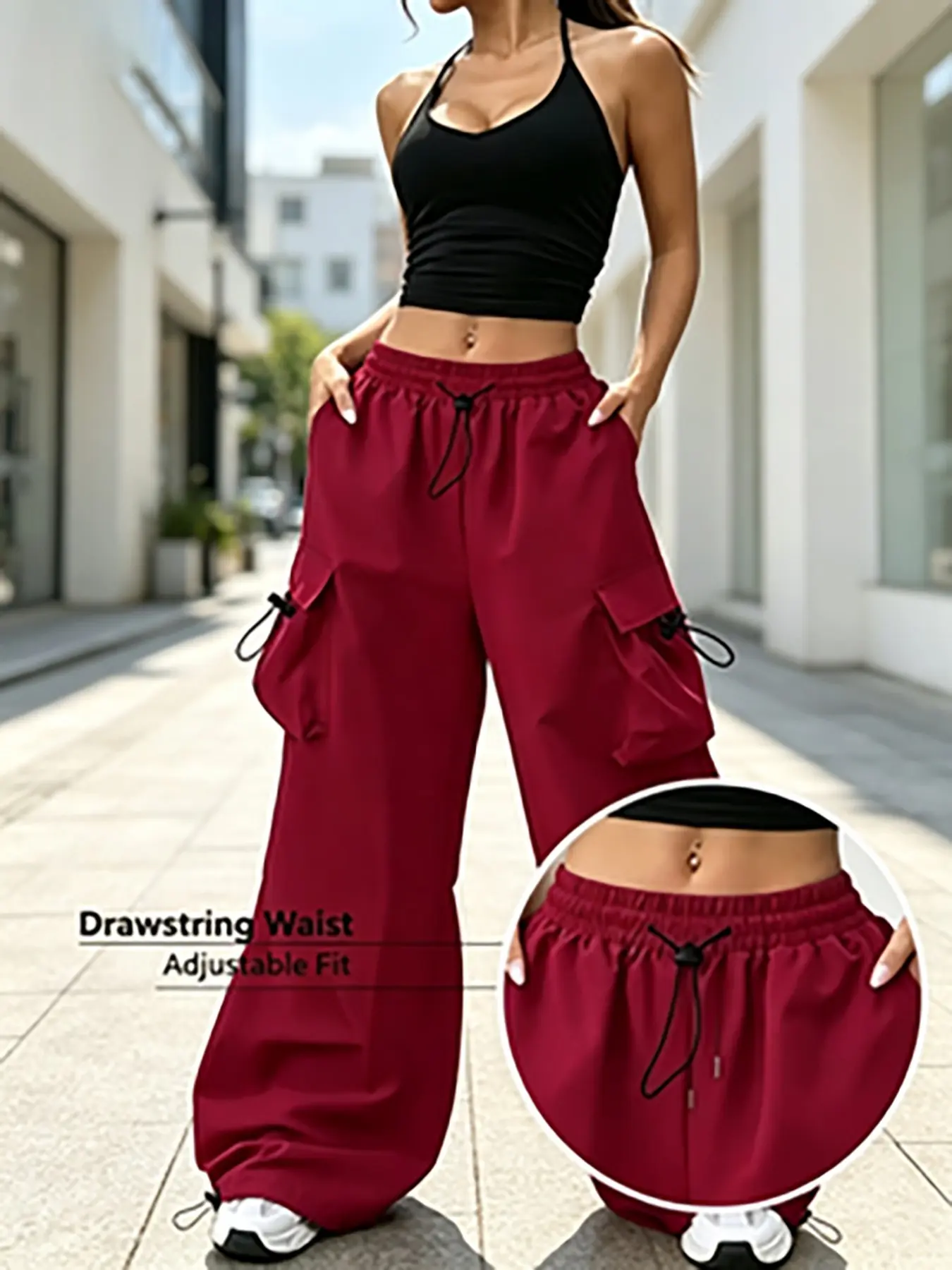Women's Wine Cargo Pants with Pockets, High Waist Drawstring Loose Fit, Sporty Y2K Street Style, Versatile for Daily Wear & Outdoor Activities