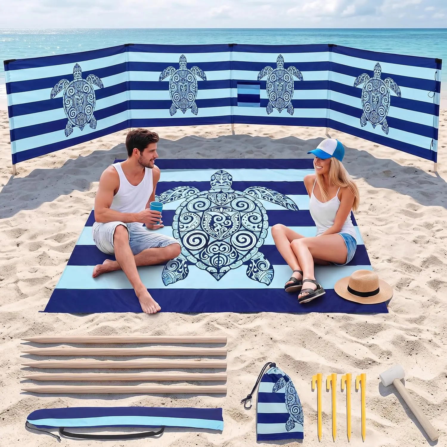 Cinnvoice 2 Pcs 15ft Beach Windscreen with 7ft Beach Blanket Set Wind Blocker Privacy Screen and Sand Free Mat with Rubber Mallet and Carry Bag Blue Turtle Pattern for Outdoor Summer Vacation