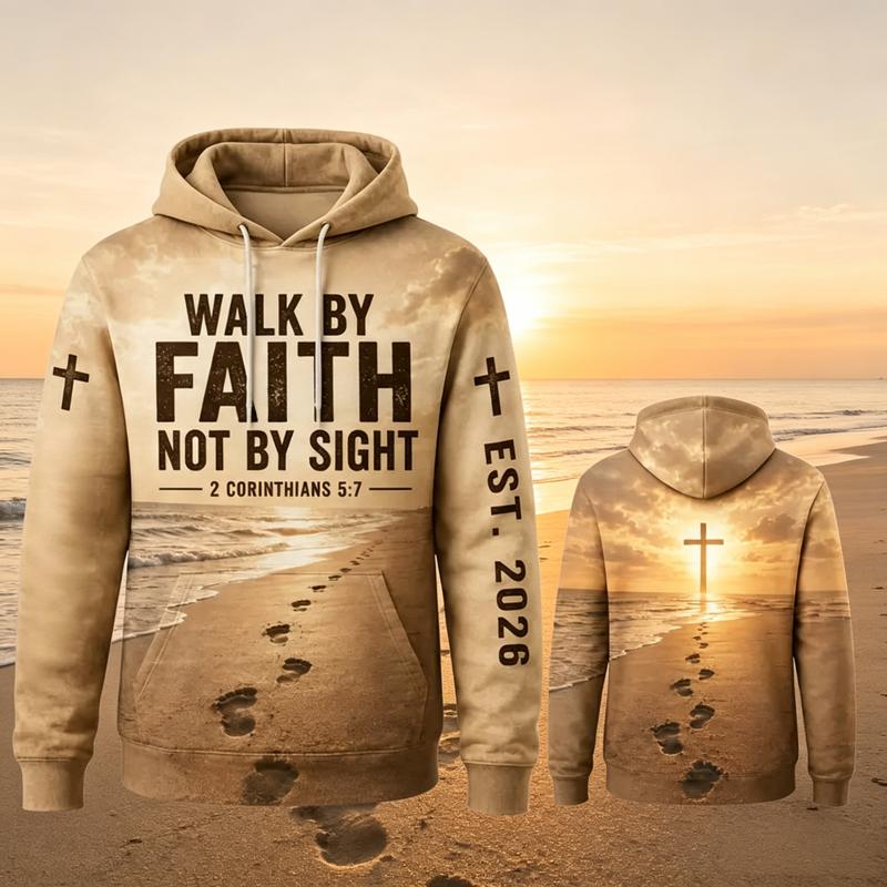 Men's Oversized Graphic Hooded Sweatshirt - 2 Corinthians 5:7 Walk By Faith Bible Verse, Vintage Menswear Matching Set, Religious Christian Casual Birthday Outfit Top