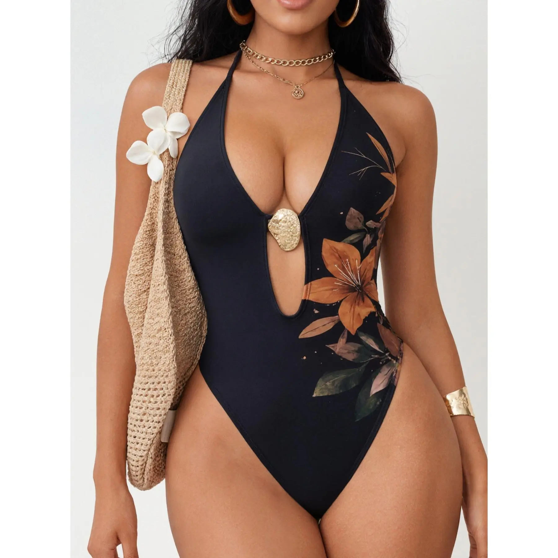 Western-style Women's Black Deep V-Neck One-Piece Swimsuit with Amber Floral Emblem (Luxury Tropical Trend)