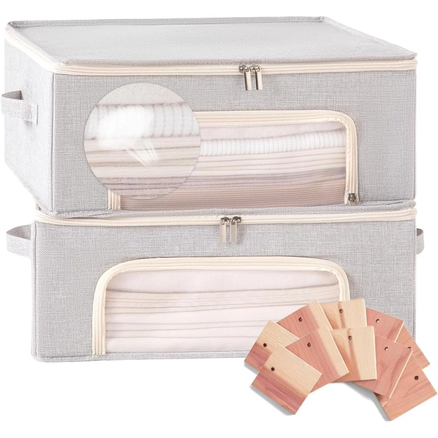 2-Pack Cashmere Sweater Storage Bags with Natural Cedar Blocks, Breathable Clothes Storage Bag with Mesh Window & Handles, Foldable Closet Garment Storage for Cashmere, Wool & Knitwear-Grey