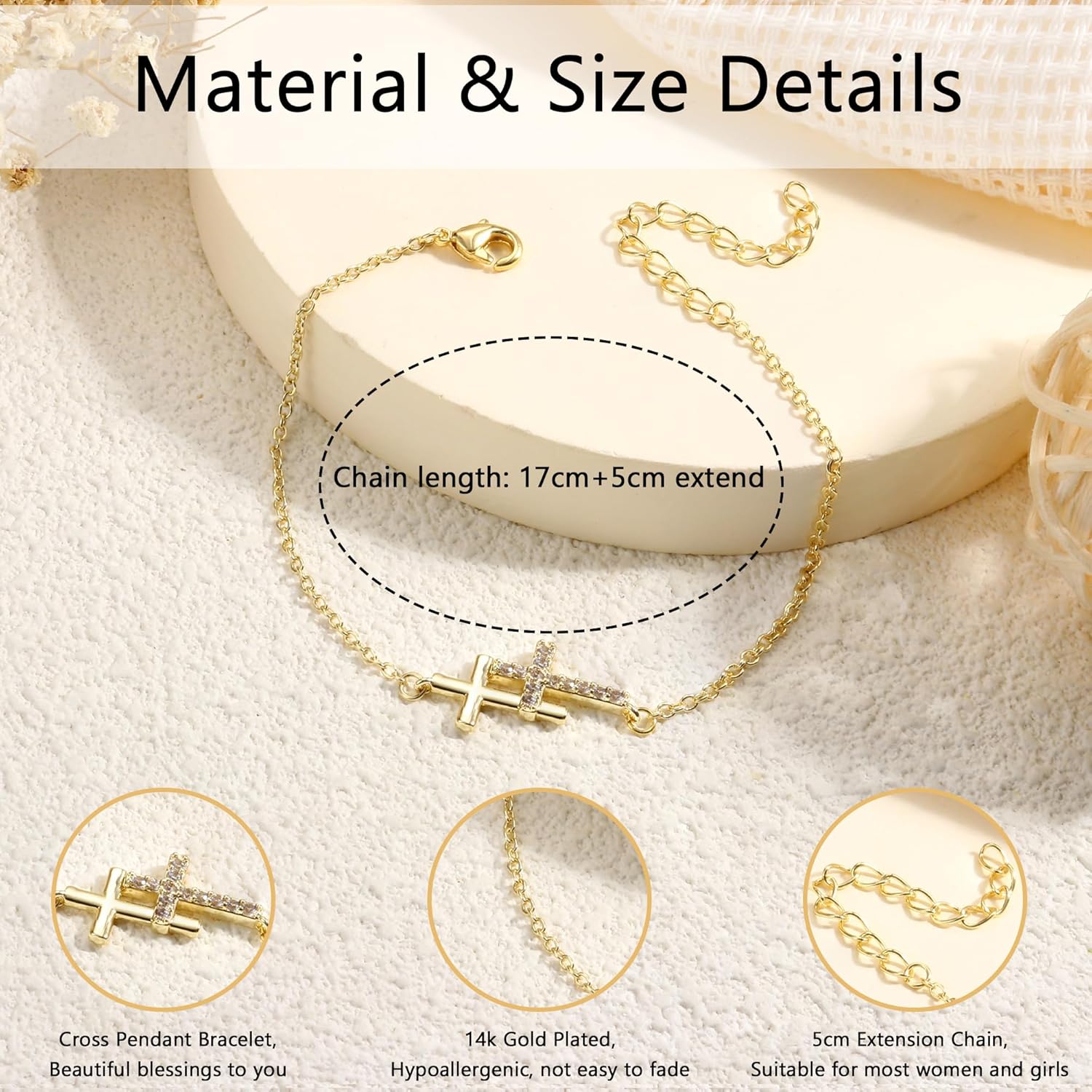 CASSIECA Gold Plated Cross Bracelets for Women 14K Gold Plated Bracelet Cross Tennis Bracelet Stacking Adjustable Cubic Zirconia Chain Bracelets for Women Jewellery Gifts