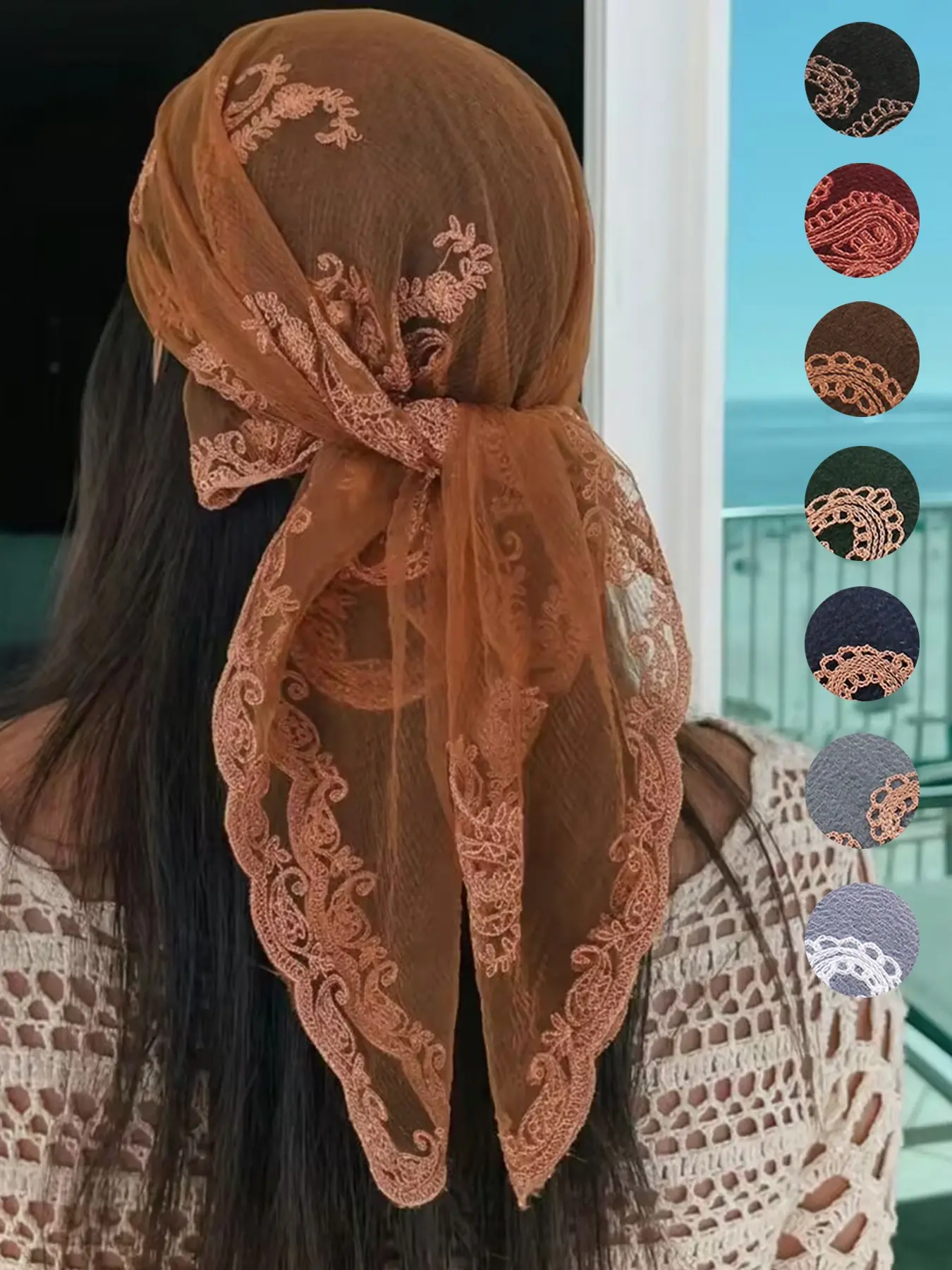 Women's Lightweight Lace-Trimmed Cashew Embroidered Square Scarf, Breathable & Fitted, Elegant Loose-Fit, All Seasons Head Wrap, Fashion Headscarf, Versatile Headscarf, Decorative Scarf