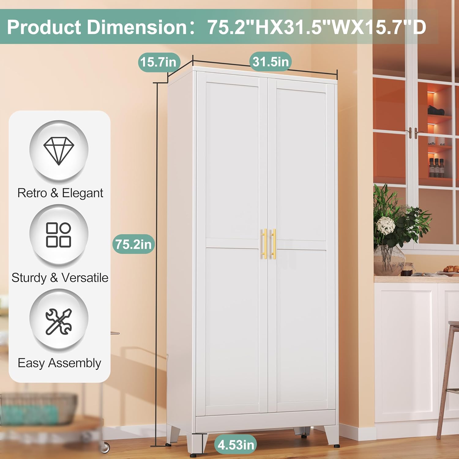 75.2" Tall Pantry Cabinet, Kitchen Pantry Storage Cabinets with 2 Door and 5 Adjustable Shelves, White Metal Pantry Storage Cabinet, Cupboard for Kitchen, Dining Room, Living Room and Bathroom Organizer