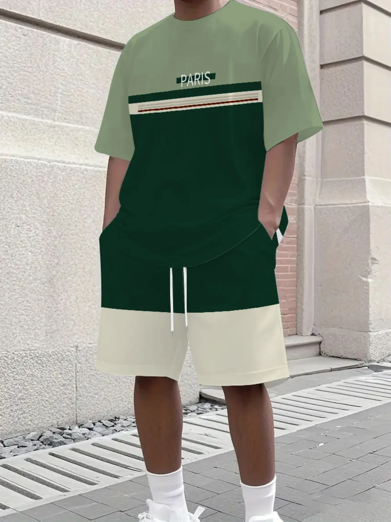 Men's Paris Letter Patchwork Two-Piece Set, Casual Tee and Drawstring Shorts, Short Sleeve, Slim-Fit, All Seasons, Knee-Length