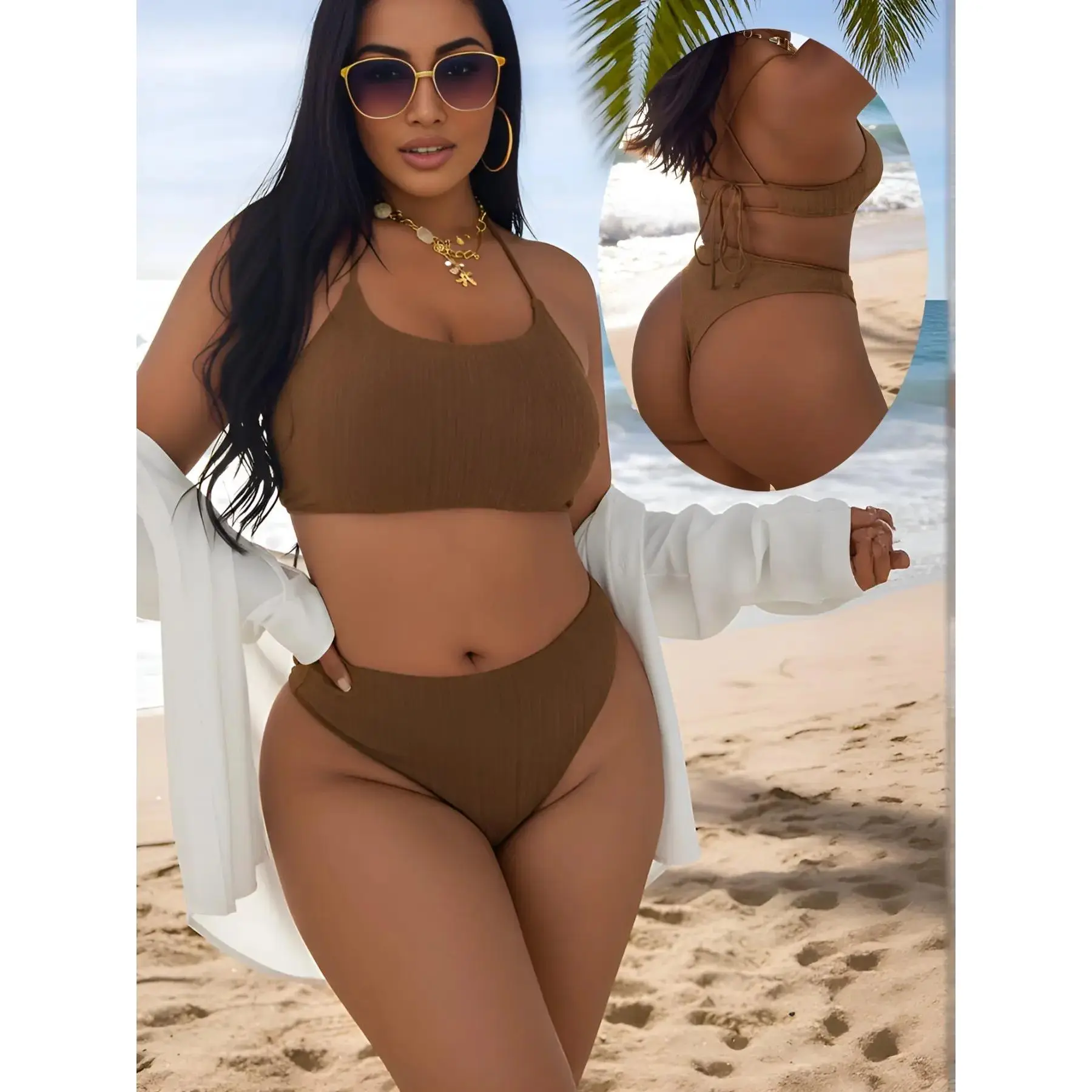 Women's New European Style Plus Size Swimsuits, Plain Back Cross Tie Strapless Bikini Set, Perfect for Beach Poolside, Sexy Swimsuit, Tie Swimwear, Swimsuit Beachwear