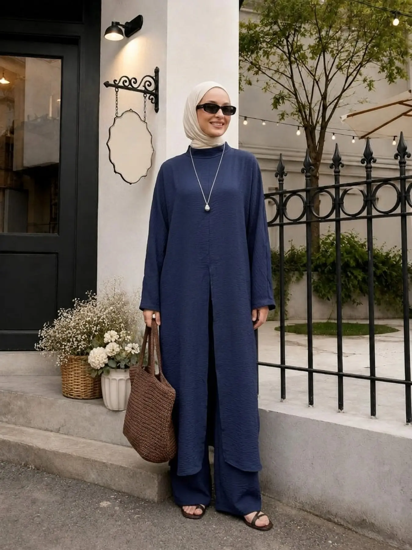3 Piece Set Fashion Split Long Top Wide Leg Pants with Belt Pockets Zipper, Stylish and Unique Clothing Ensemble, Fashion Muslim Set, Islamic Clothing Set