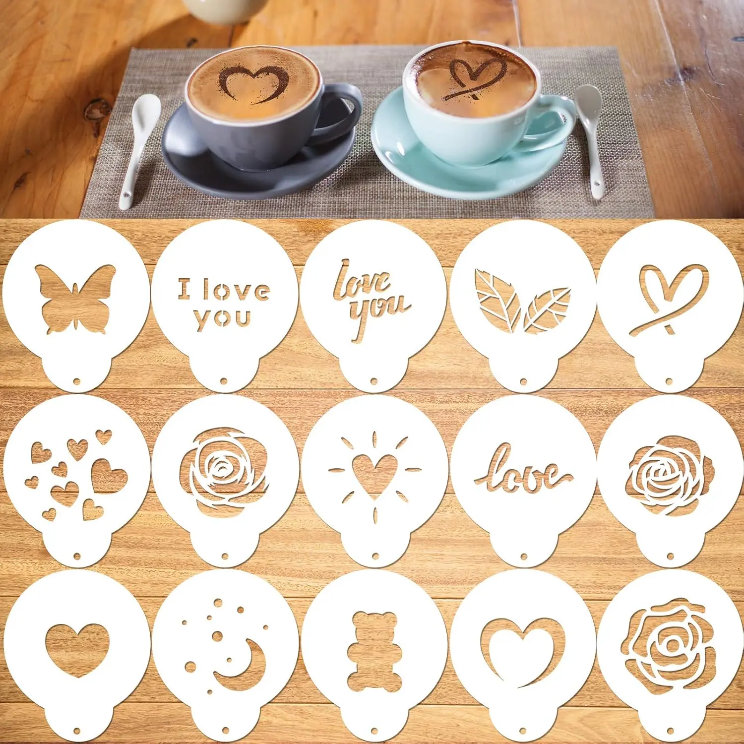 coffee stencil, 15 Count latte art stencils for Coffee Decorations, Magnoloran Foam Barista Templates for Decorating Oatmeal Cupcake Cake Cappuccino Mousse Hot Chocolate Valentines Day Coffee