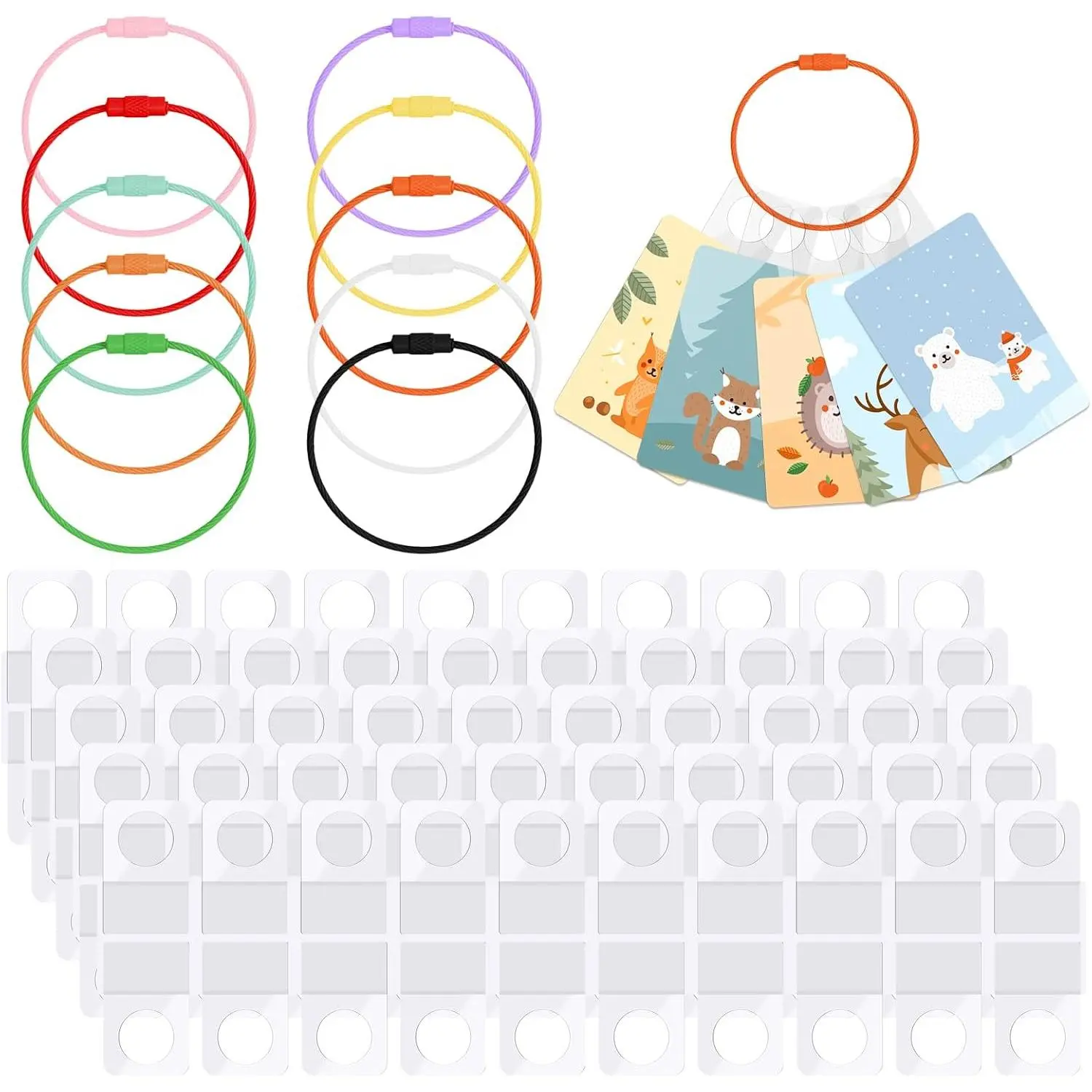Holder for Cards Rings and Tabs, 100 count Clear Self Adhesive  Tabs with 10 Metal Rings, Plastic Sticky Hang Tags for Retail Display, Card Accessories Organizer for Storage and Display