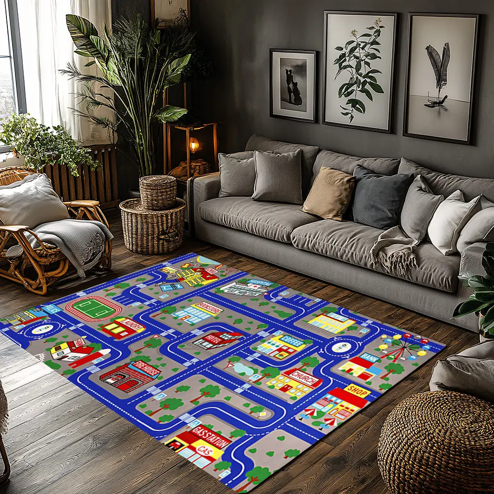 Blue Road City Traffic Map Kids Play Crystal Velvet Non-Slip Educational Play Rug Non Slip Rugs #CityRoadMapPlayMat #TrafficGameKidsCarpet #ToddlerPlayFloorMat #CrystalVelvetDecorRug