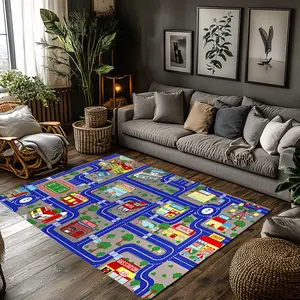 Blue Road City Traffic Map Kids Play Crystal Velvet Non-Slip Educational Play Rug #CityRoadMapPlayMat #TrafficGameKidsCarpet #ToddlerPlayFloorMat #CrystalVelvetDecorRug