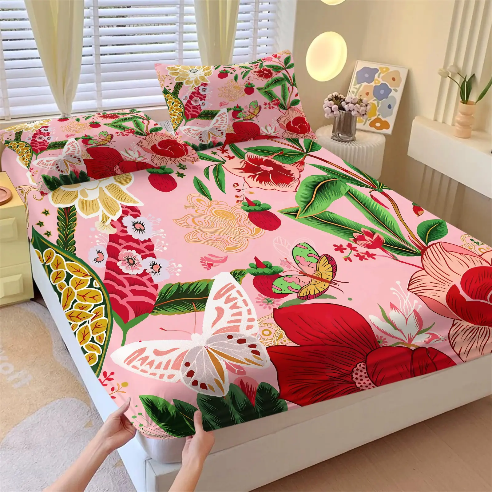 Pink Tone Tropical Fruit And Floral Fitted Sheet Set & 2 Coreless Pillowcases, Romantic Retro Garden Patterns With Flowers, Strawberries,Skin-Friendly, Breathable Deep Pocket Anti-Slip Design, Sweet Girly Pastoral Style Room Decor