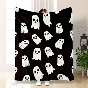1Pc Modern Ghost Print Flannel Blanket |   Soft All-Season Throw With Black Background & White Ghosts - Machine Washable Lightweight Polyester Bedspread For Home, Camping, Travel