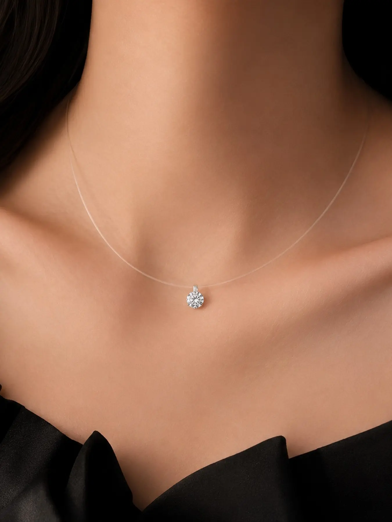 Zircon Invisible Necklace, Minimalist Luxury Style, Transparent Chain, Zircon Pendant, Adjustable Design, Women's Daily Wear, Summer Vacation