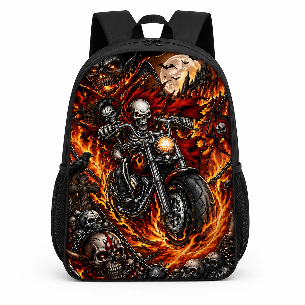 Motorcycle-Themed Backpack with "Flame Rider" Bold Graphic, Lightweight Design for School/Commute, Adjustable Straps, Spacious Compartments, Zipper Closure (Sports & Outdoor Gym Bag), Adjustable Strap, Commuting, Flame Rider Print, Zip Closure, Outdoor Ac