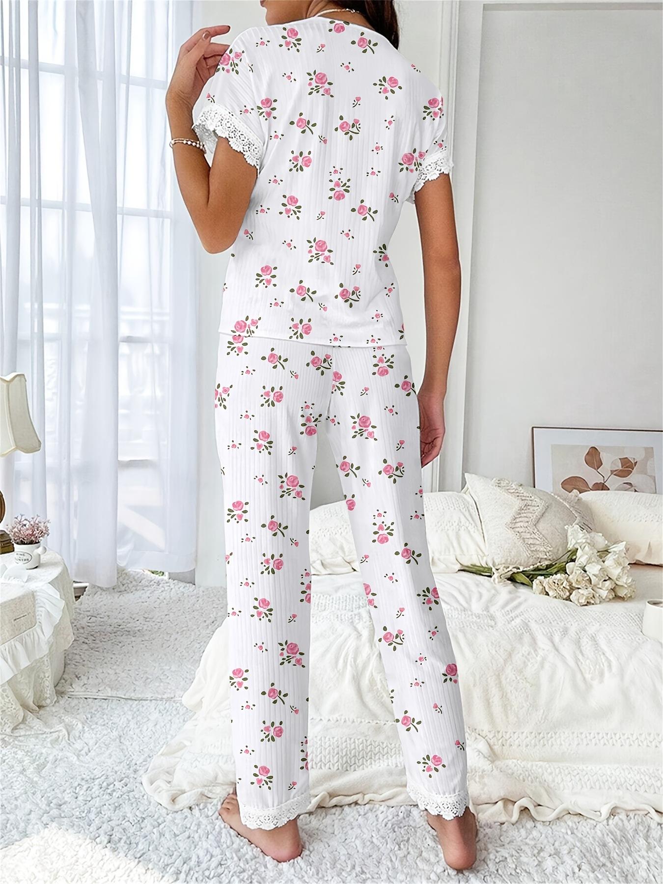 Cherry Print Short-Sleeve Collared Pajama Set for Women Oversized Style with Matching Pants