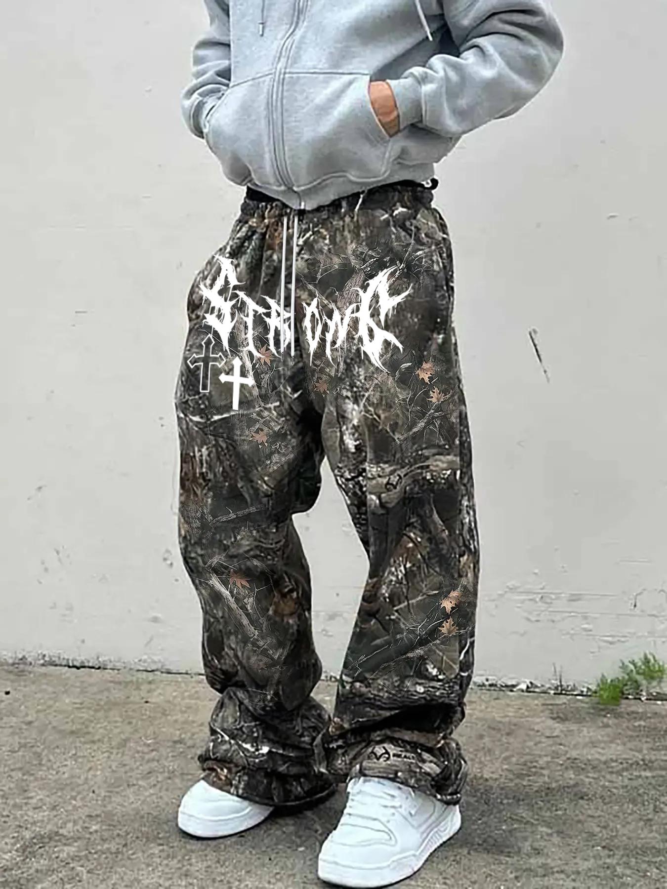 Men's Tree Branch Camouflage & Camouflage Loose-Fit Knit Pants, Y2K Style Summer Streetwear, Retro Hip Hop Fashion