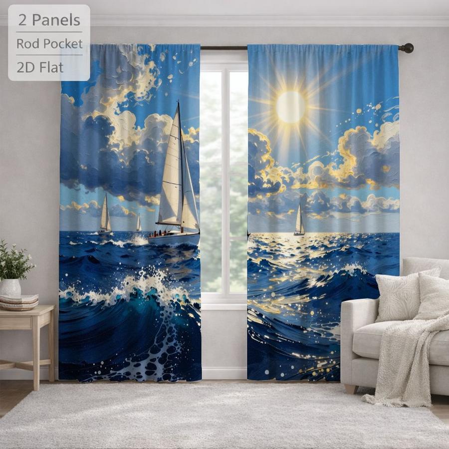 2Pcs Nautical Ocean Seascape Sailboat Sun Blocking Curtains Digital Printed Rod Pocket, Window Treatment For Bedroom Office Kitchen Living Room Study Home Decor