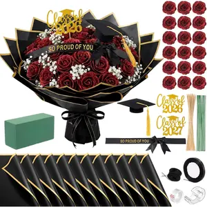 68 Pcs Graduation Glitter Roses Bouquet Wrapping Accessories Kit, 18 Roses 10 Wrapping Paper 1 Card Cap 2 Card Inserts 3 Ribbons DIY Crafts Gifts for Graduation Mother's Day (Red)