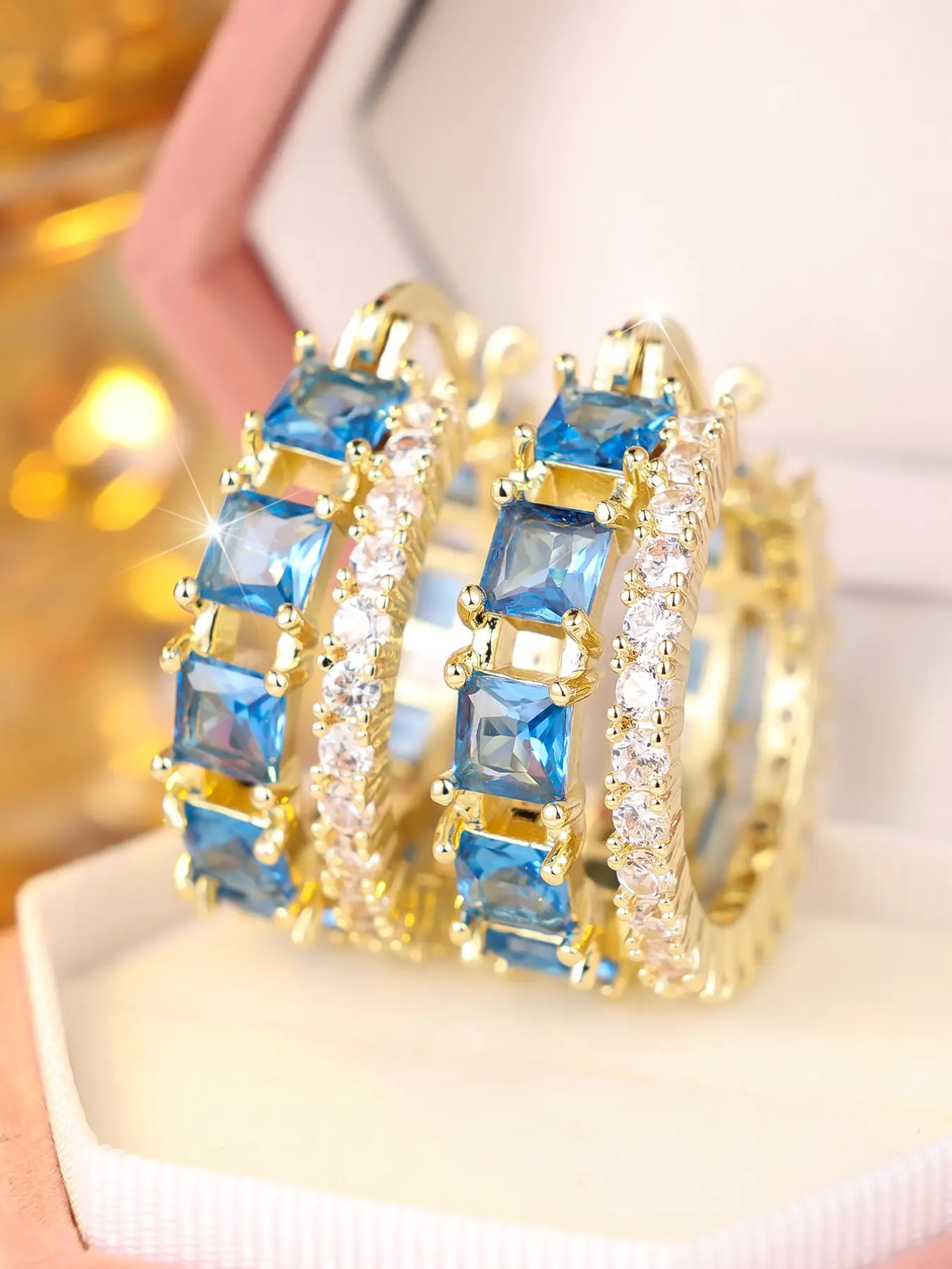Luxury Aqua Blue Artificial Zirconia Earrings for Women Hoop Earrings Ear Hoops Stackable Design Delicate Jewelry Perfect for Engagement Weddings Party, Daily Wear Anniversary Gift