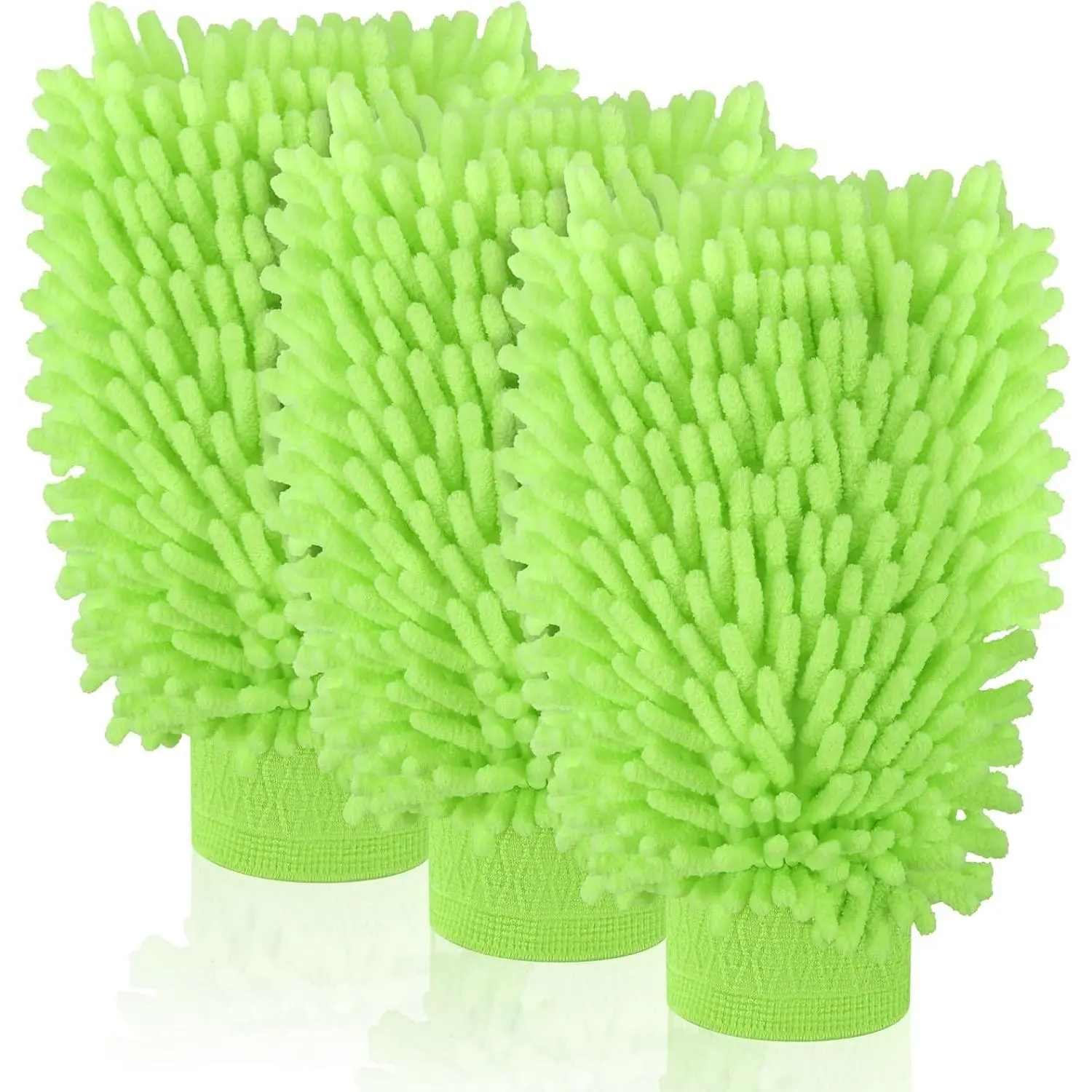 3 Pack Chenille Microfiber  Wash Mitt, 7" x 9.6"  Washing Mitts,  Dusting Gloves, Scratch Free Lint-Free, Highly Absorbent, Double Sided, for Cleaning Detailing Polish (Green)