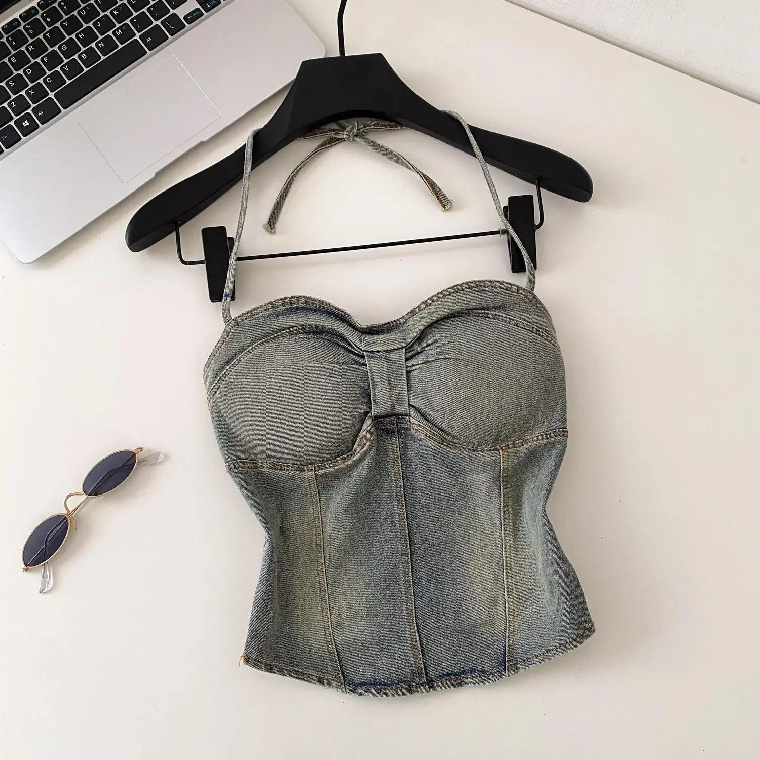 Lace-Up Denim Halter Corset Top with Raw Fringed Hem Sleeveless Crop Jean Vest Waistcoat Women Spring Summer Y2K Outfit