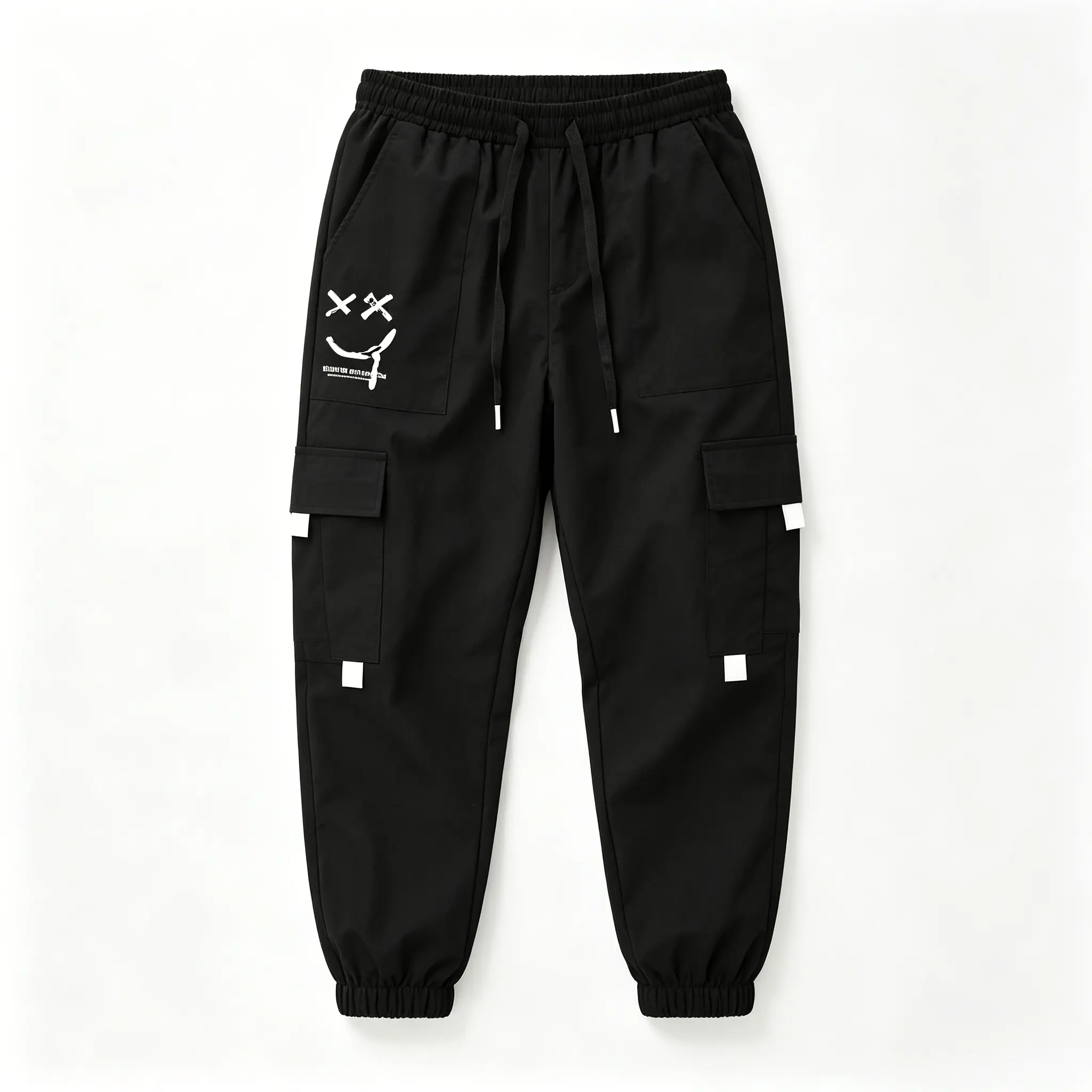 Men's Smiley Face Print Cargo Jogger Pants Elastic Drawstring Waist, Multi Side Pockets, Tapered Ankle Cuff Streetwear Trousers for Teen Boys Daily Skate Hip Hop Outfits