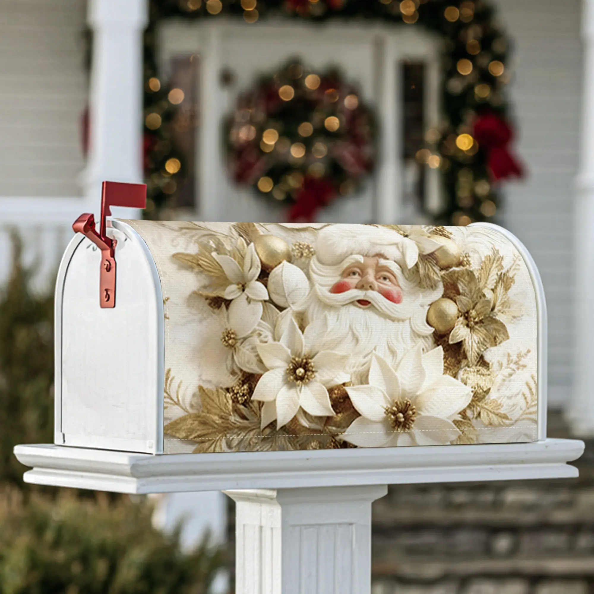 Santa Claus Magnetic Mailbox Covers, Christmas festive poinsettia gold ornaments Christmas gold Mail Box Covering for Garden Yard Decor