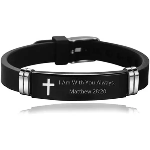 Black Religious Quote Faith Christian Bible Verse Inspirational Bracelet Wristband Cross Bracelets  Mens Dad God Gift