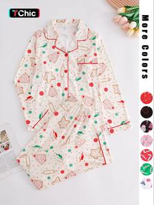 two-piece set women's christmas print button front pocket shirt & elastic waist pants pyjama, casual comfy long sleeve collared top & trousers pyjama set, women's sleepwear for spring & fall valentine's day, gift