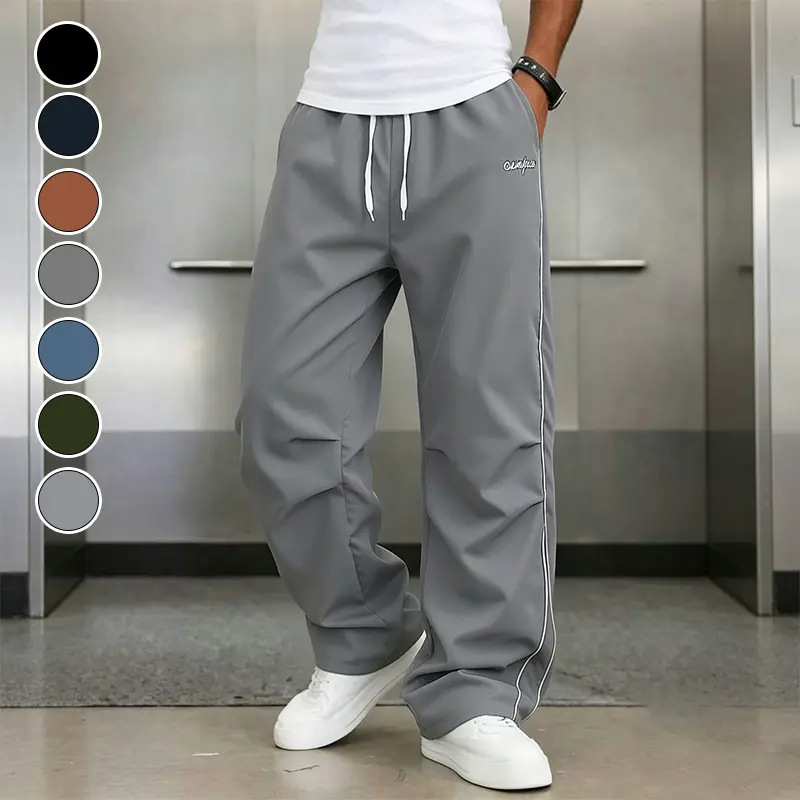 Men's Ice Silk Quick Dry Parachute Pants, Double White Side Stripes, Chest Embroidery, High Waist Drawstring Wide Leg Floor-Length Casual Sports Trousers, Breathable Loose Sweatpants, 7 Colors Available