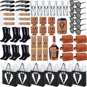60Pcs Groomsmen Proposal Box Set with Shot Glasses Socks Sunglasses PU Leather Toiletry Bag Bottle Opener Can Cooler for Wedding Best Man Gifts Brown