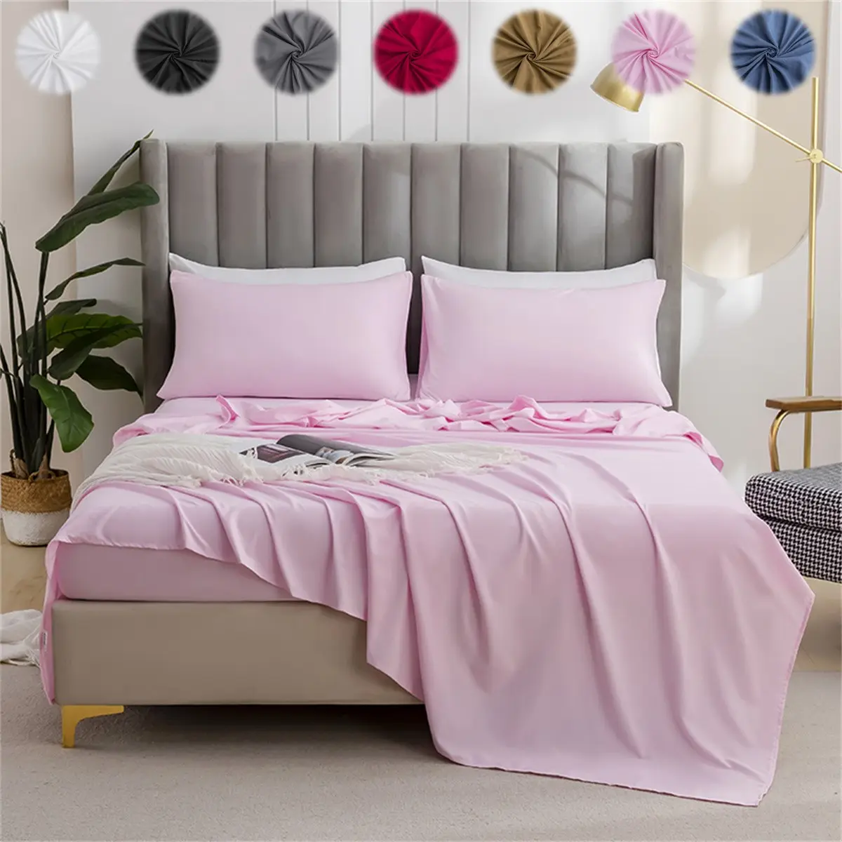 3/4PCS Solid Color Brushed Bedding Set, Soft Cooling Fitted Sheet Mattress Cover, Flat Sheet & Pillowcases, Breathable Dustproof Bed Set for Bedroom Dorm Hotel, Soft Comfy Bedding