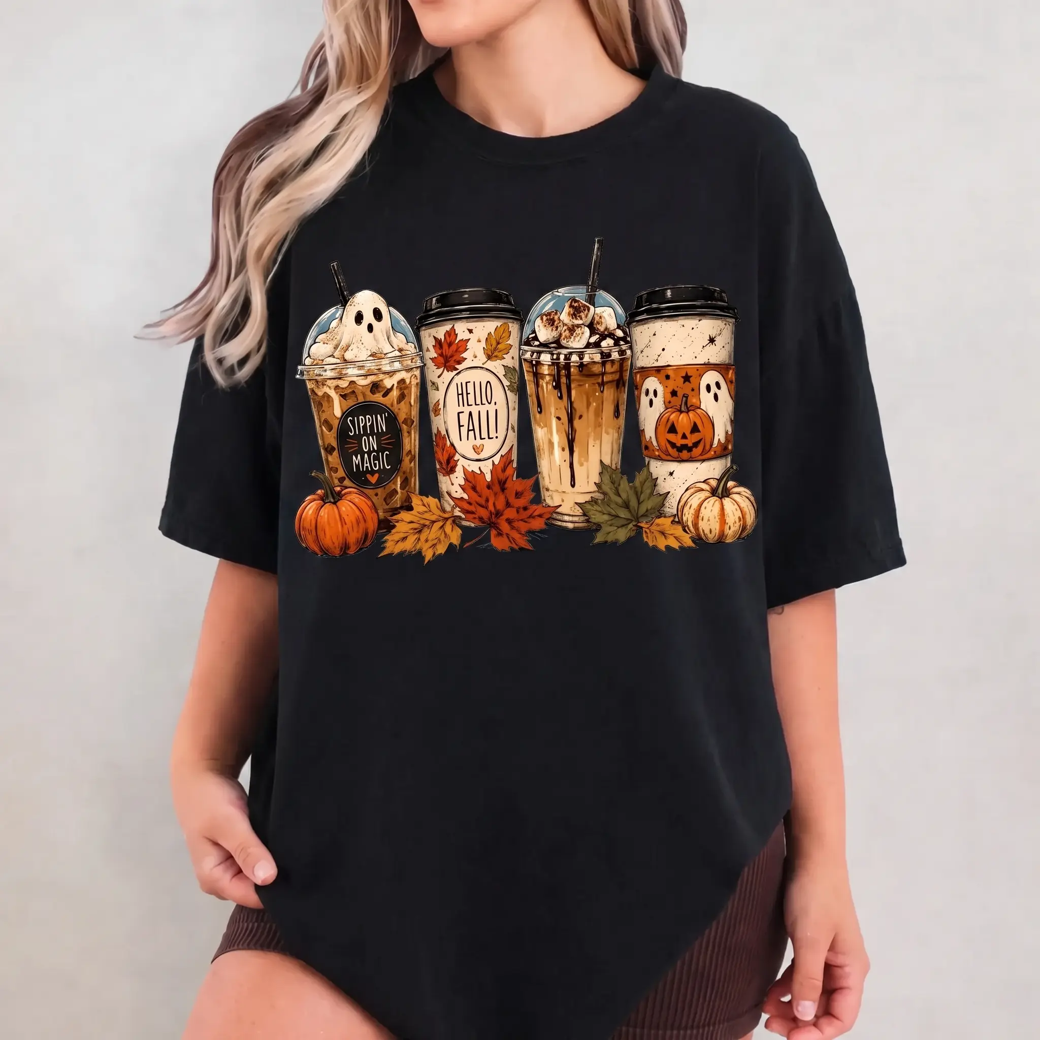 Autumn Leaves & Coffee Please Shirt, Cute Ghost Coffee Graphic Tee, Cozy Fall T-Shirt, Retro Autumn Pumpkin Season Apparel