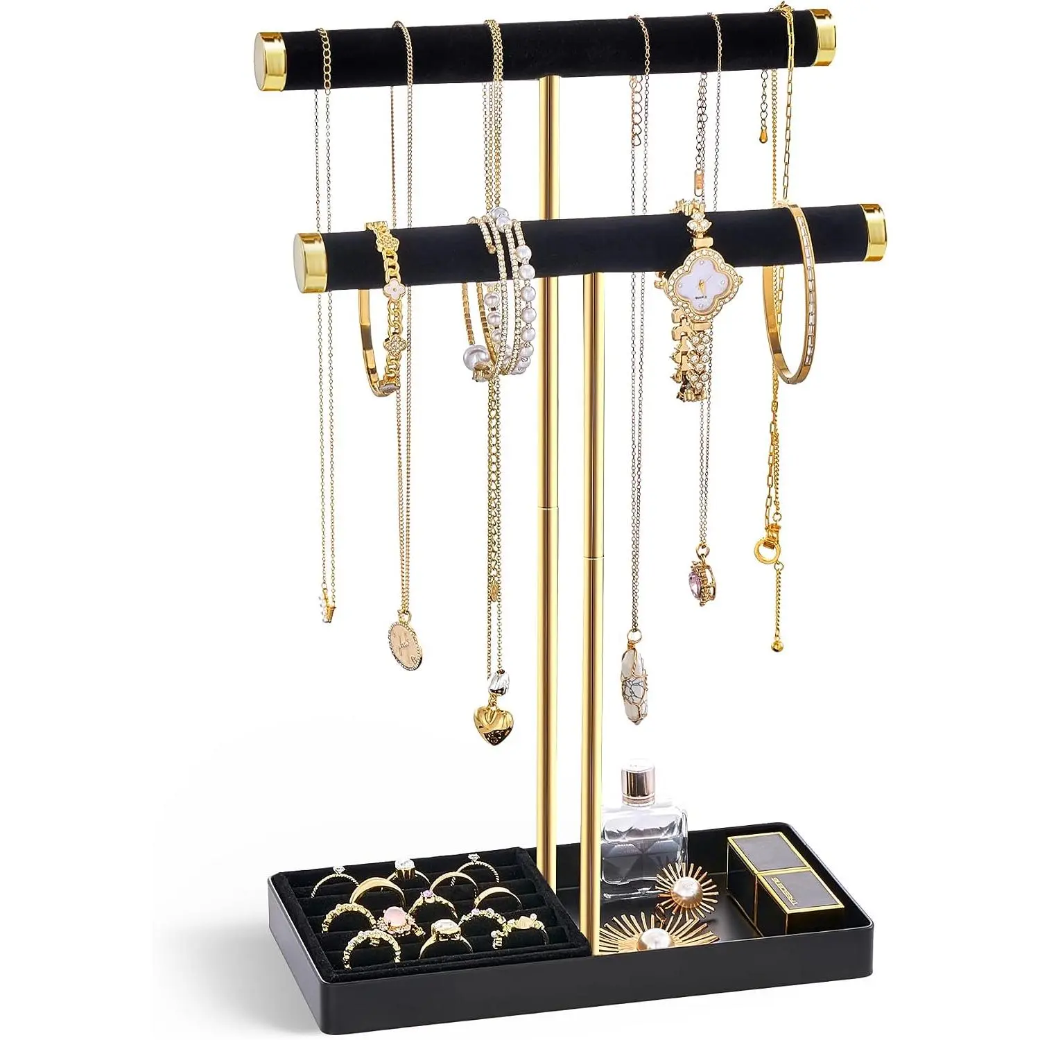 2-Tier Necklace Holder Display,  Stand with Ring Tray -Black |  Wrapped  Organizer, Tall Bracelet Stand for Bangles Watches Earrings, Gifts for Mom Girls Women Mother's Day