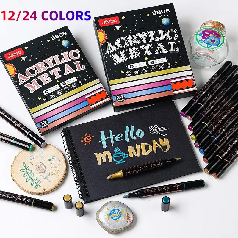 12/24 Color Metal Tip Dual-Ended Acrylic Markers, Soft & Slanted Tips, Ideal for DIY Art, Anime Drawing, School Supplies, Holiday Gifts, Double Tipped Markers