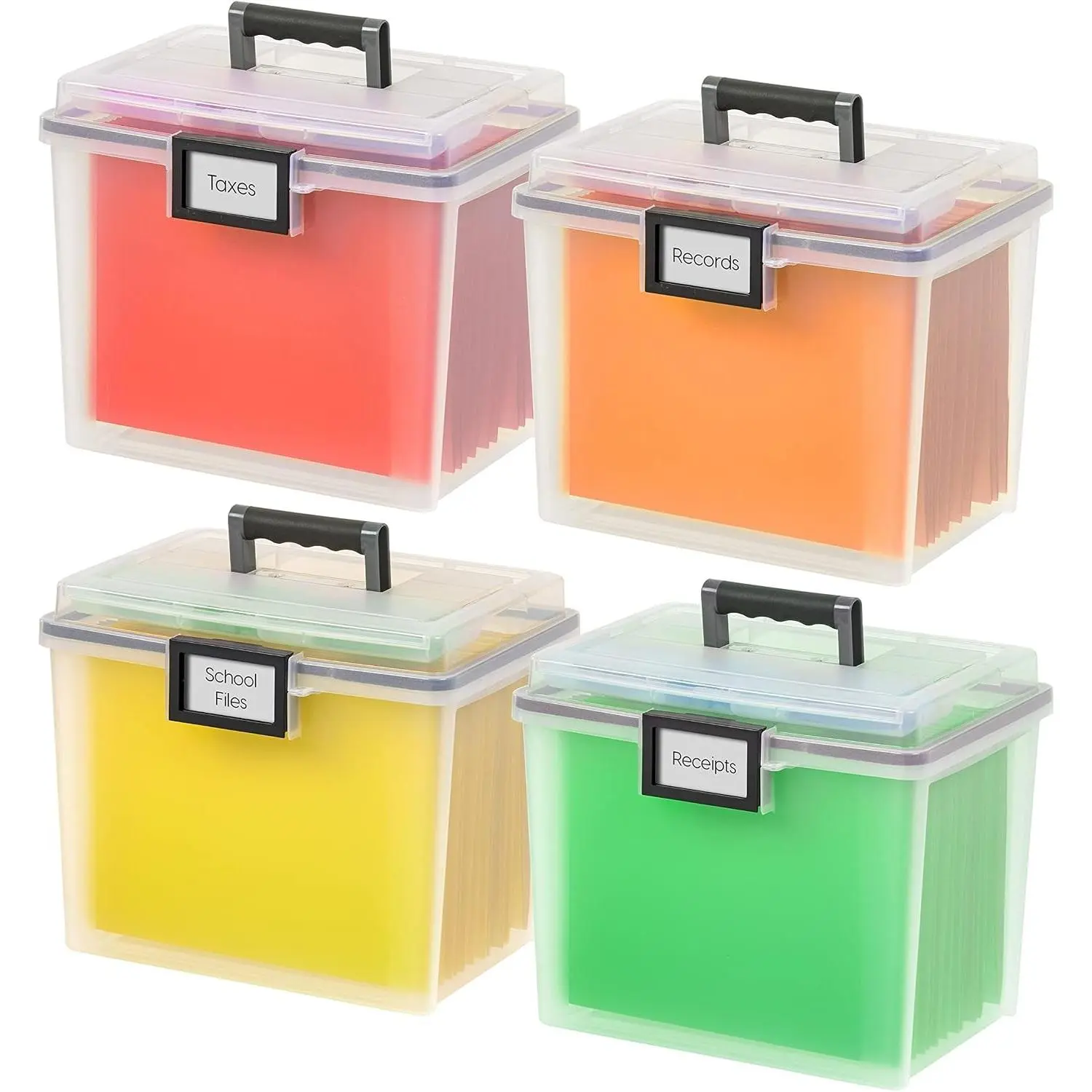 File Box WeatherPro Portable File Organizer Plastic File Box for Letter File w/Organizer-Lid, Durable Lid and Gasket Seal, Secure Latching Buckles, Stackable, Lockable, Clear 19 Qt. 4 Pack