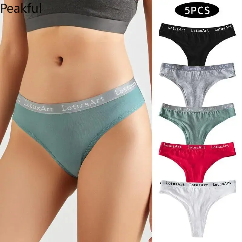5-Pack Sporty Thong Panties for Women, Cotton Triangle Underwear with Wide Waistband & Stretchy Comfort, Breathable Solid Color Briefs for Yoga, Gym, Active Lifestyle & All-Season