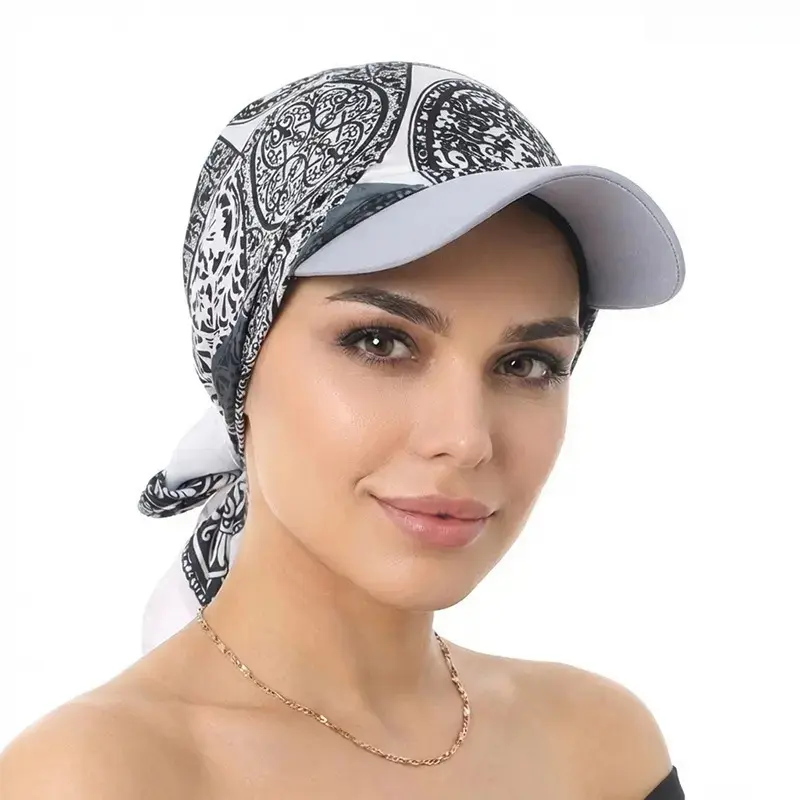 Women's Baroque Satin Square Scarf Hat - Female Sunproof Outdoor Visor Cap, Silk Bandana Head Wrap, Chemo Beanie Comfort Bonnet, 1 Size for Travelers (Black and White Flower)