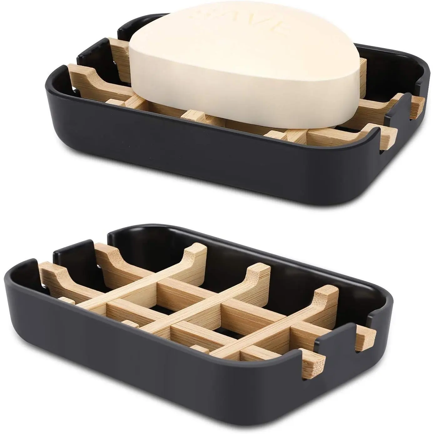 Bamboo Wooden Soap Dishes for Shower with Drainage for Bathroom Bar Soap Holder Sink Deck Bathtub Shower Tray (One Pieces Black)