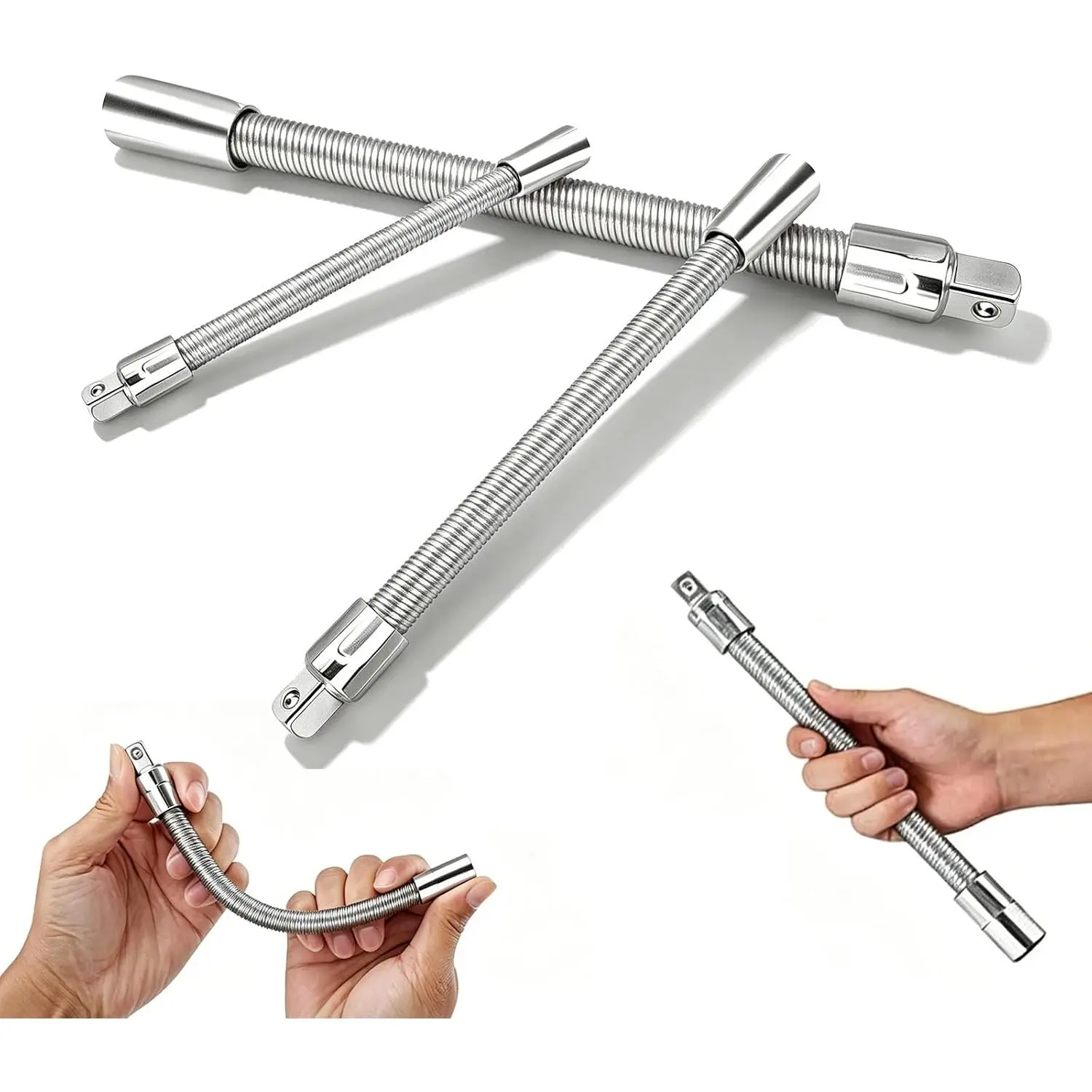 Multi-Size Flexible Socket Extension Set, 3-Piece 1/4"-3/8"-1/2" Shaft Drive, 45° Bend, 6"-8"-10" Lengths, Black Flexible Connecting Rod for Tight Spaces