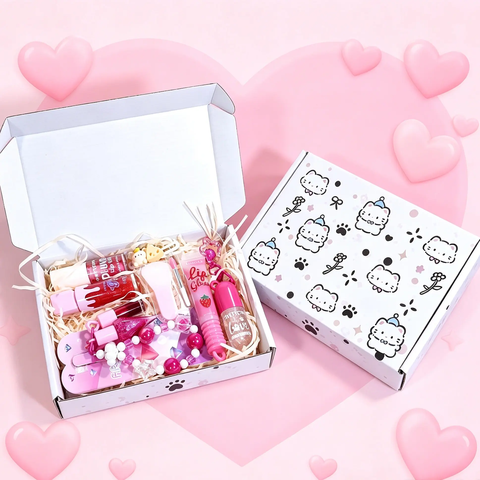 Cute Cartoon Cat Lipstick Gift Set, 9pcs Moisturizing Lip Balm, Shimmering Glossy Lip Gloss, Color-Changing Lip Oil, Perfect Birthday Gift, Lip Care