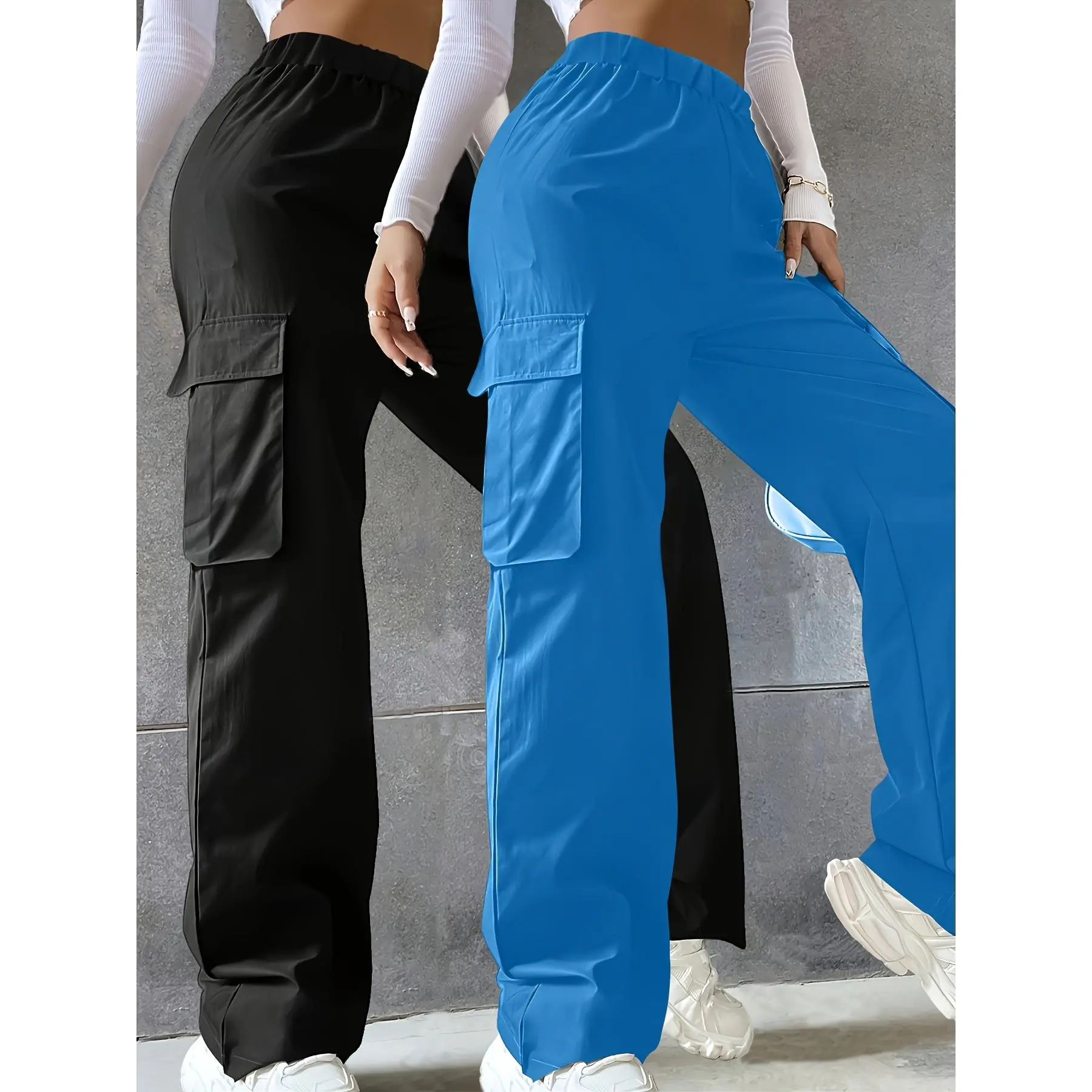 2-Pc Girls' Spring Summer Fall - Casual Cargo Pants, Elastic Waistband And Flap Pockets - Comfortable Fashion Wide-Leg Trousers, for Outdoor