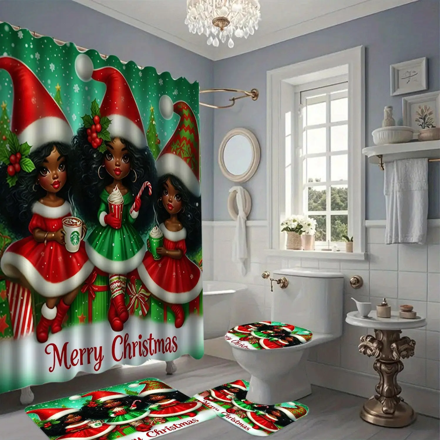 Christmas Cartoon Girl Candy Hot Drink Print Shower Curtain, Retro Holiday Style, Waterproof Polyester, Bathroom Decor